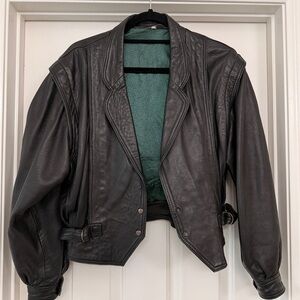 Vintage Black leather cropped biker bomber jacket from Paris